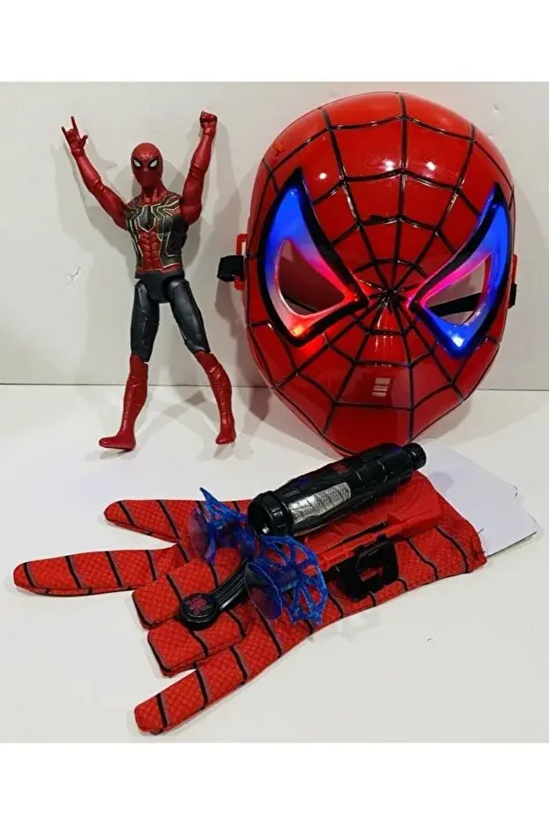 Örümcek adam Spider-man Ağ Atan Eldiven+Işıklı Maske+18 Cm Işıklı Figür 3 Lü Set Oyuncak