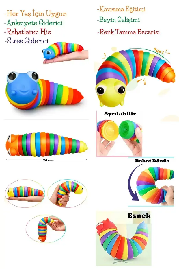 1 Adet Sevimli Tırtıl Oyuncak Stres Giderici Sevimli Rengarenk Anti Stres Solucan Sök Tak
