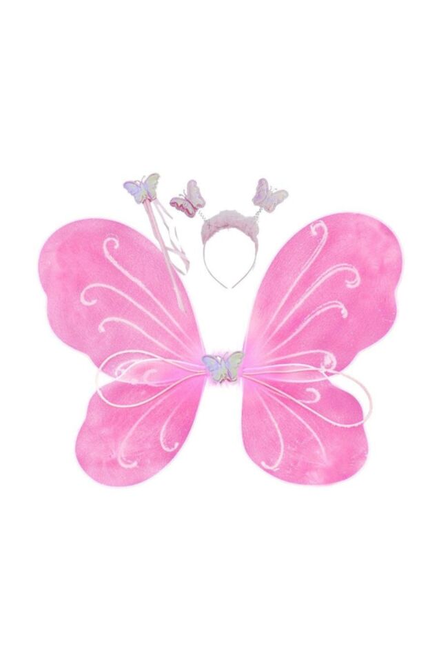 Pembe Renk Kelebek Kanat Set 50 Cm Kanat Asa Taç 3 Lü Set