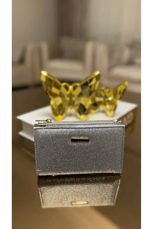 Simli Fermuarlı Kadın Cüzdan – Fermuarlı Bozuk Para Gözlü, İnce Model